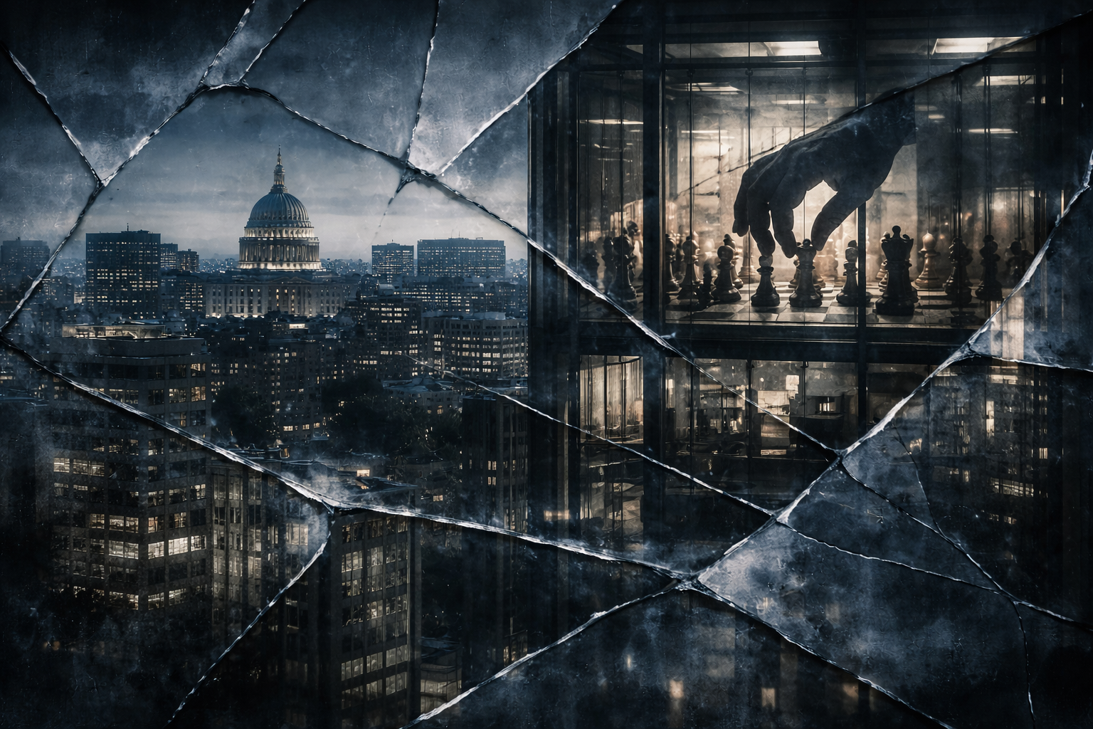 City skyline at dusk viewed through fractured glass with a shadowy hand moving chess pieces inside an illuminated government building, symbolizing covert political influence and subversion.