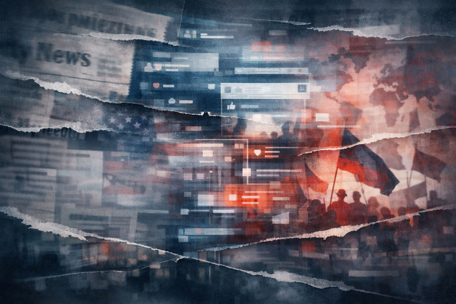 Layered collage of distorted news feeds, abstract flags without identifiable national markings, and fragmented digital interfaces, symbolizing narrative manipulation and competing realities in information warfare.