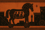 A Greek orange-terracotta illustration in black-figure style depicting the Trojan Horse outside the walls of Troy. The wooden horse is geometric and detailed, with three armed warriors hidden inside holding shields and spears. Stylized city walls, a torch, and a star fill the background, bordered by a traditional Greek meander pattern across the top and bottom.