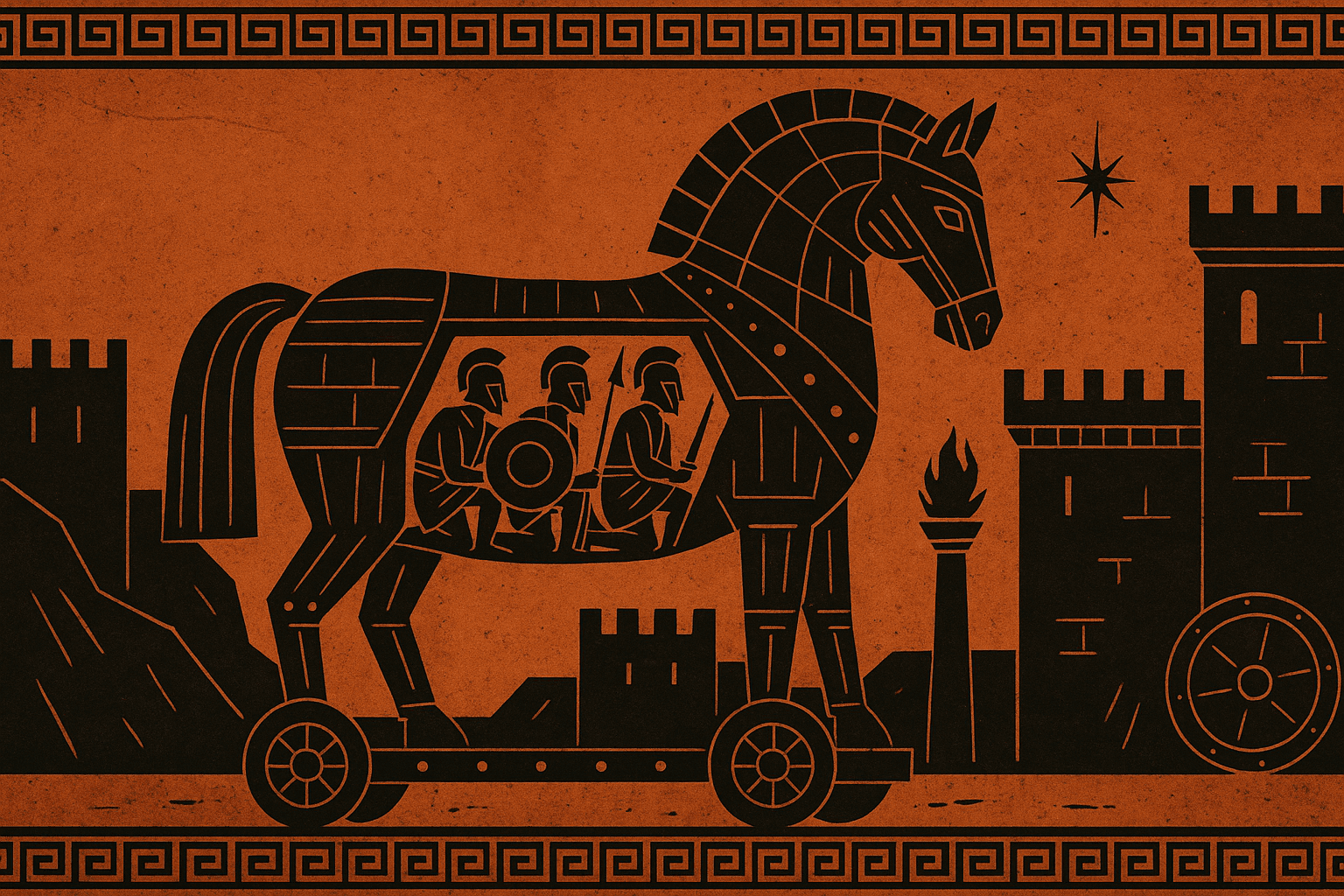 A Greek orange-terracotta illustration in black-figure style depicting the Trojan Horse outside the walls of Troy. The wooden horse is geometric and detailed, with three armed warriors hidden inside holding shields and spears. Stylized city walls, a torch, and a star fill the background, bordered by a traditional Greek meander pattern across the top and bottom.