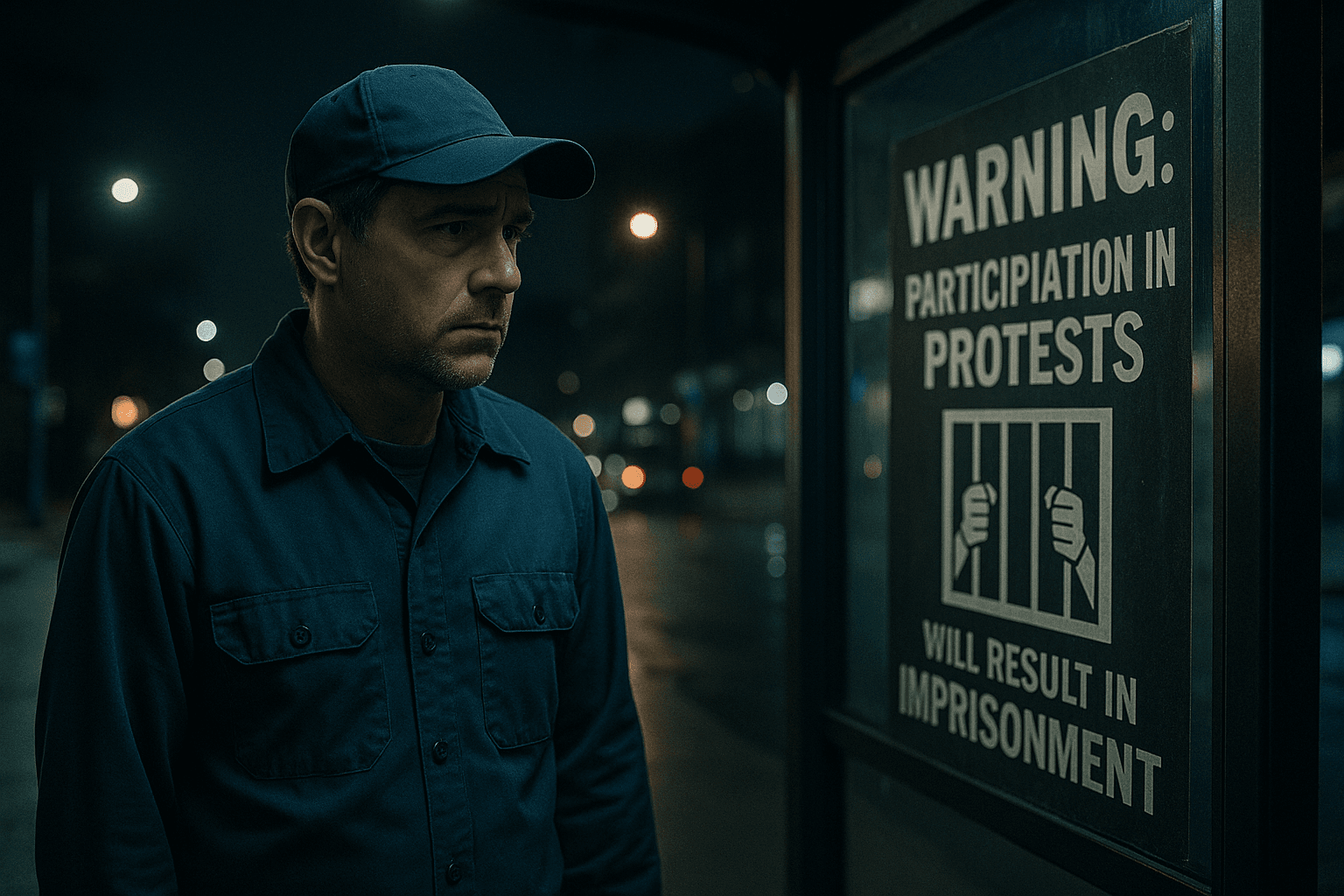 A worker in uniform stands at a dimly lit bus stop at night, gazing at a poster warning of imprisonment for protesting, illuminated by cold streetlight glow.