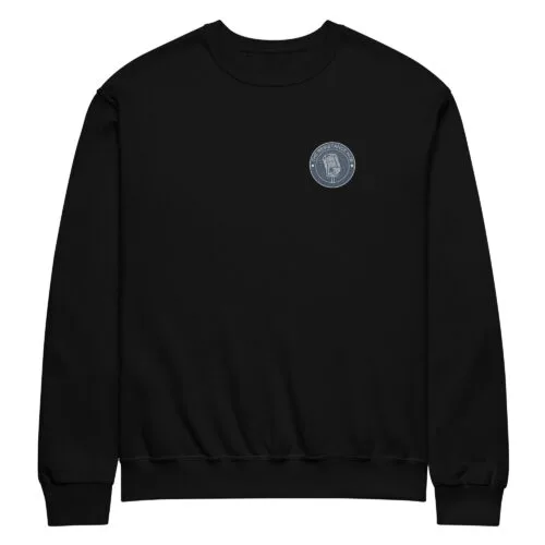 Black crewneck sweatshirt with Resistance Hub chest logo on white background