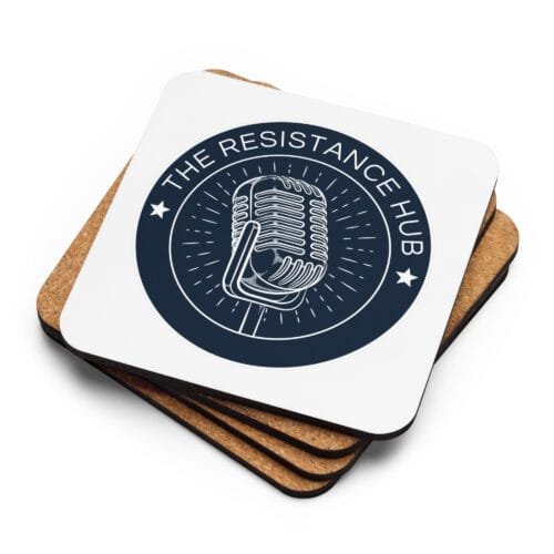 Stack of white coasters with navy Resistance Hub microphone logo on cork backing