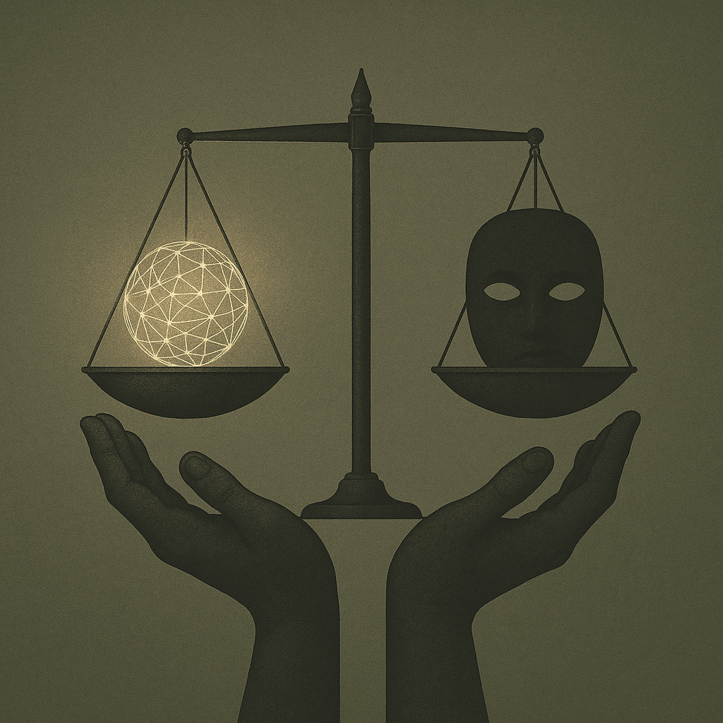 Two hands hold a balanced scale with a glowing geometric sphere on one side and a dark mask on the other, symbolizing the tension between transparency and manipulation in influence operations.