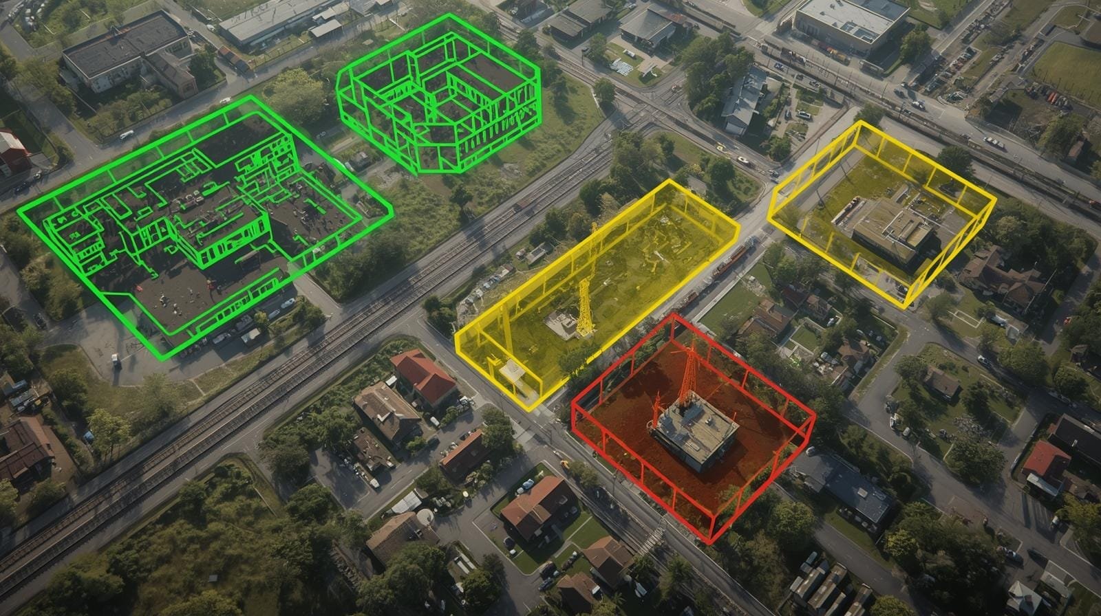 An aerial view of an urban area with buildings outlined in color-coded wireframes: green outlines mark protected civilian objects, yellow outlines indicate dual-use infrastructure, and red outlines show legitimate military targets under International Humanitarian Law.