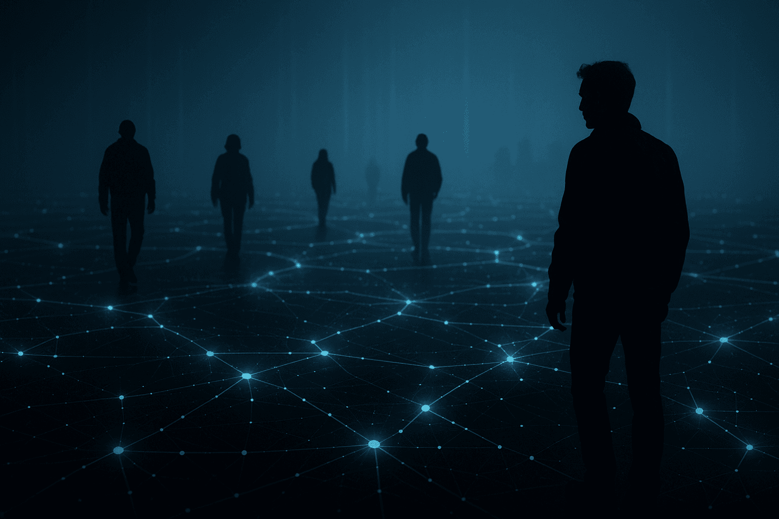 Silhouetted figures walk across a glowing digital network, symbolizing the hidden battlefield of influence where human actions connect through invisible information threads.