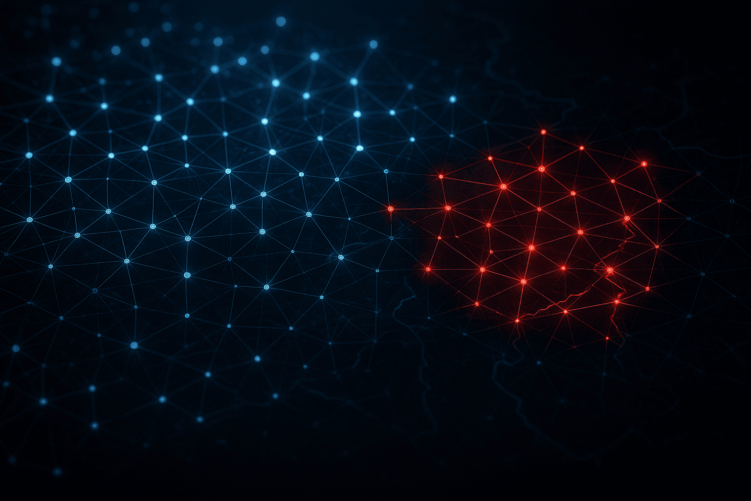 Digital intelligence overlay showing blue population networks with red insurgent nodes interwoven among them, symbolizing hidden insurgent structures within a civilian population.
