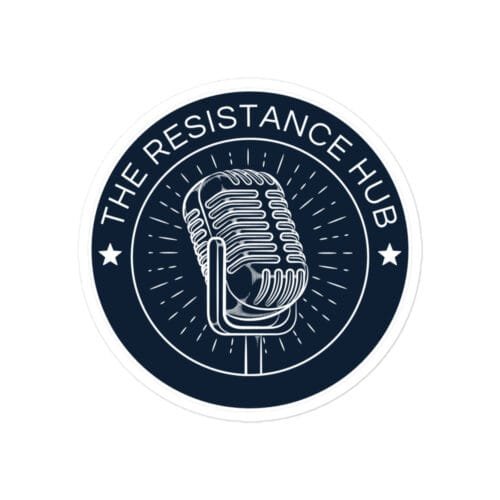 Circular navy Resistance Hub logo sticker with microphone emblem on white background
