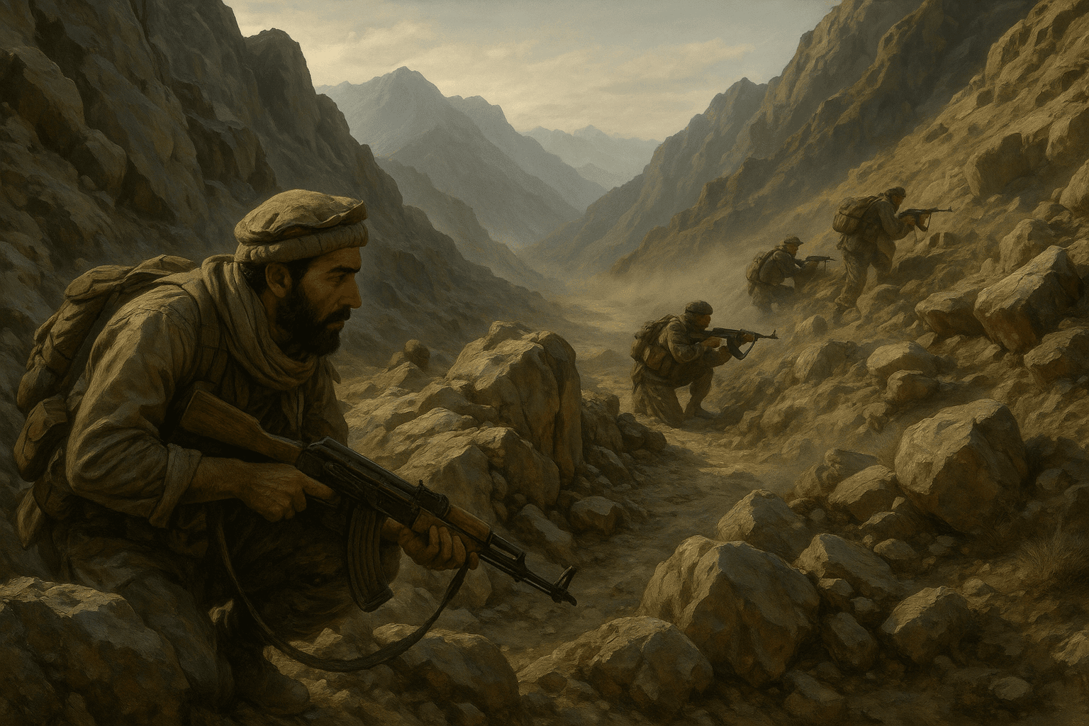 Modern irregular fighters establish an ambush position in mountainous terrain resembling Afghanistan, demonstrating terrain adaptation in guerrilla warfare.”