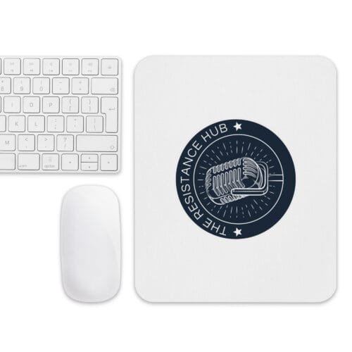 White mouse pad featuring navy Resistance Hub logo centered on surface