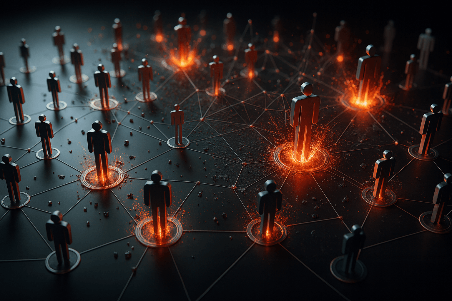 Digital illustration of a social network visualized as interconnected human figures standing on illuminated nodes across a map-like surface, with glowing red and orange energy lines symbolizing data, communication, and influence spreading through resistance or analytical networks.
