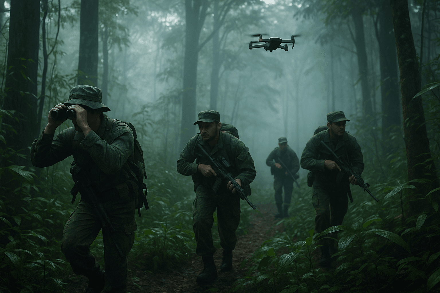 Four soldiers in camouflage cautiously move through a misty jungle path at dawn while a small drone hovers above them, providing reconnaissance support.