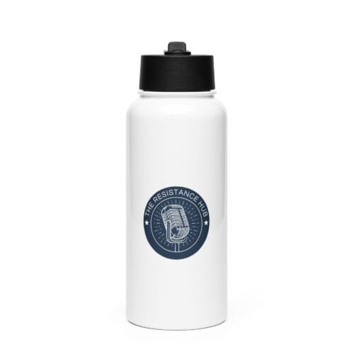 White stainless steel bottle with The Resistance Hub navy logo and black lid