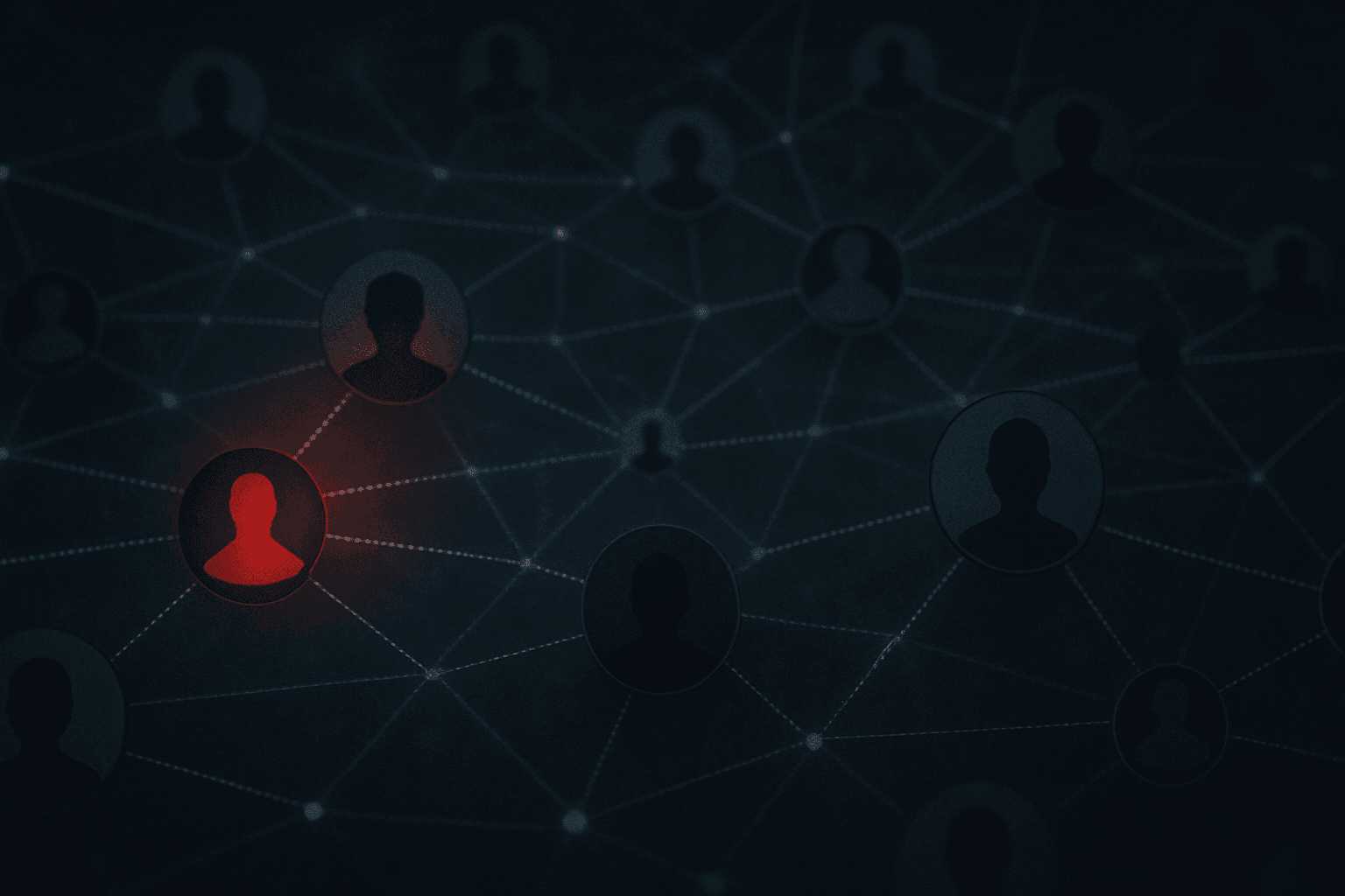 Digital network of connected human silhouettes with one red node illuminated, symbolizing manipulation and control points within online influence systems.