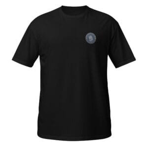 Black T-shirt with minimalist Resistance Hub chest logo on white background