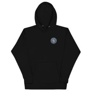 Black hoodie with Resistance Hub circular chest logo on white background