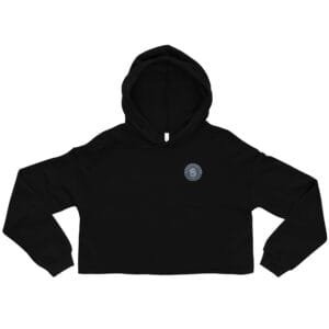 Black cropped hoodie with Resistance Hub chest logo on white background