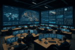 A high-tech military operations center with rows of analysts working at multiple computer stations. Large wall screens display global maps, data visualizations, and real-time military intelligence, resembling a command hub inside the Pentagon.