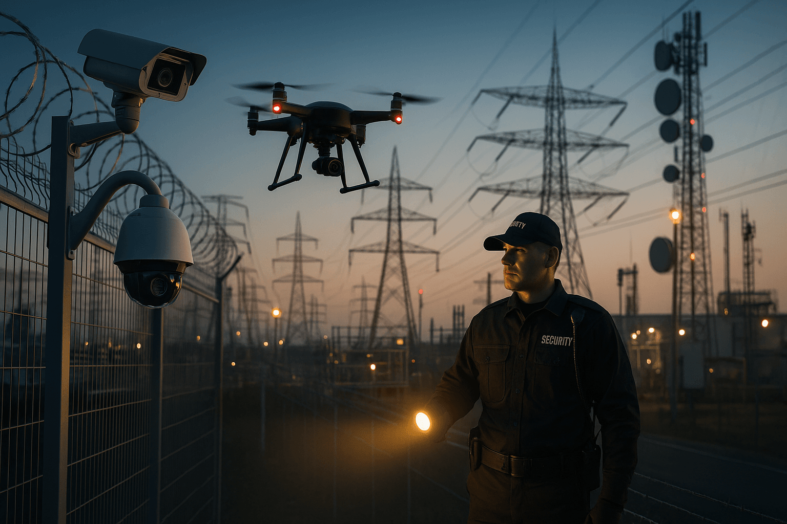 A high-security critical infrastructure facility with power lines and communication towers. A security guard holding a flashlight stands near surveillance cameras while a drone hovers overhead, monitoring the site at dusk.