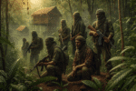 Six armed guerrilla fighters move cautiously through dense jungle terrain in Southeast Asia. Their faces are partially covered with cloth, and they carry rifles while blending into the thick vegetation. In the background, two elevated thatched huts suggest a hidden jungle base.