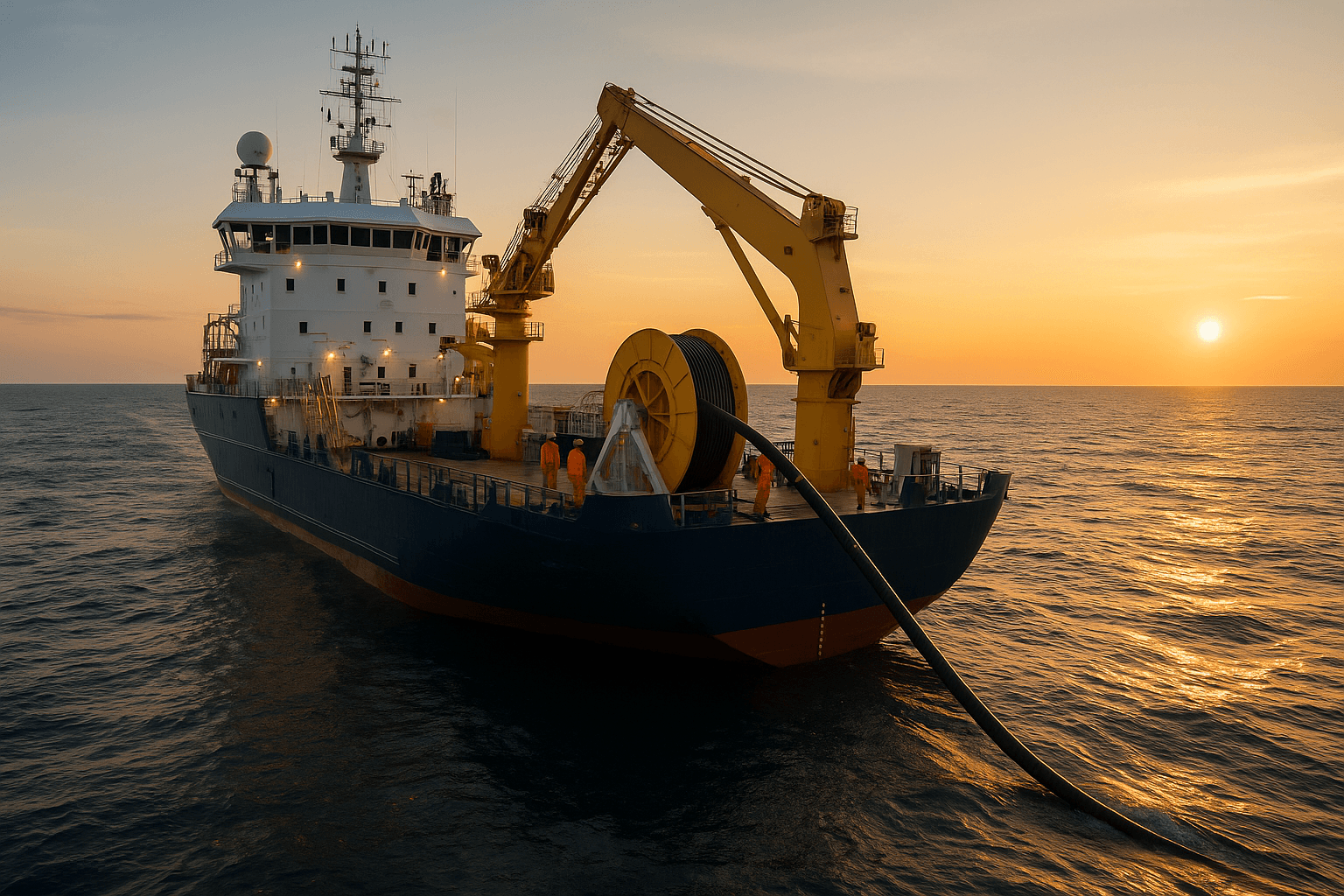 A cable-laying ship with its bridge at the bow deploys a thick undersea cable into the ocean at sunset. Large spools and cranes are positioned realistically on deck, with crew members in orange gear overseeing the operation.