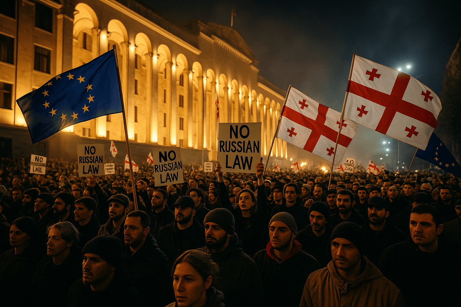 A large nighttime protest in Georgia with demonstrators gathered in front of a government building, holding national flags and banners, illuminated by streetlights and surrounded by a tense atmosphere.