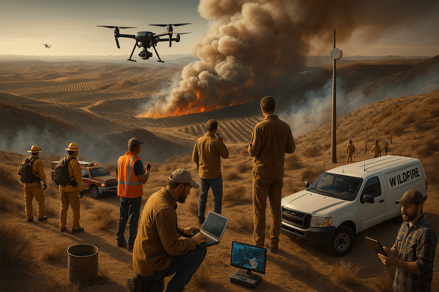 Firefighters and tactical response teams deploy drones and command vehicles against a large wildfire in rugged terrain, highlighting irregular warfare solutions for natural disasters.
