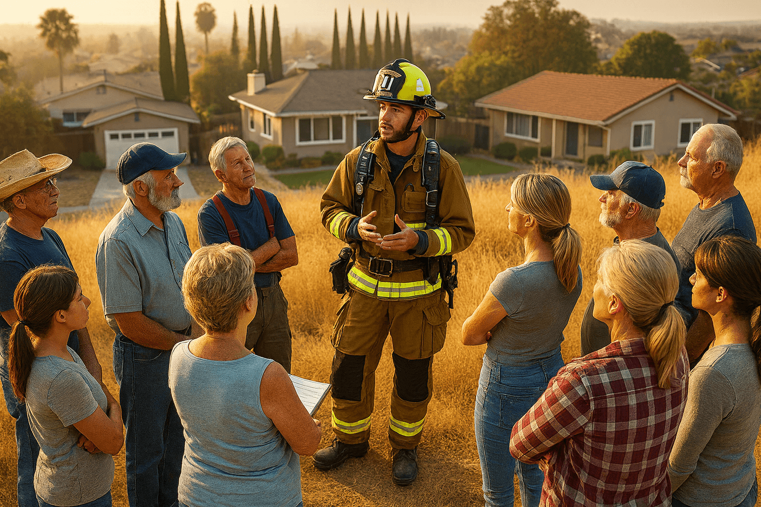 A firefighter in full protective gear leads a community wildfire preparedness meeting on dry grass in a suburban neighborhood. Residents of varying ages stand in a circle, listening attentively, with homes and rolling hills visible in the background during golden hour.