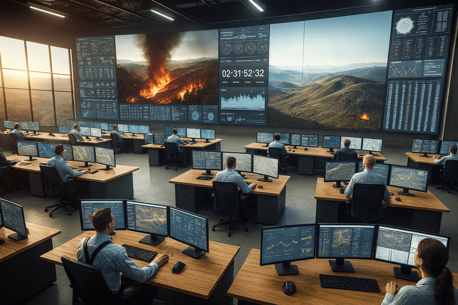 A modern wildfire command center with operators seated at sleek desks, each monitoring multiple computer screens. At the front of the room, massive wall displays show real-time wildfire imagery, maps, and data analytics, creating a high-tech environment for crisis management.