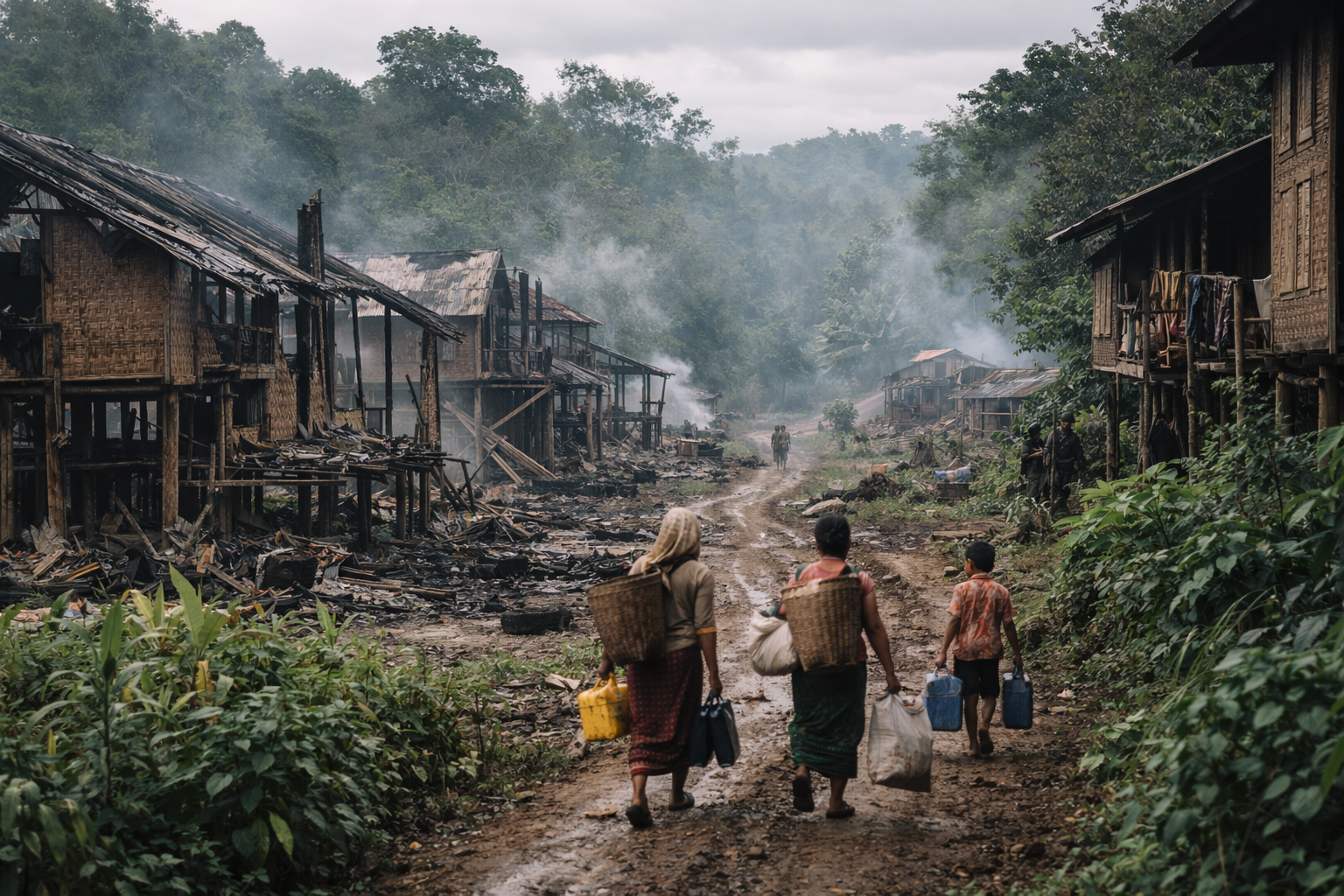 Civilians carrying supplies walk through a partially burned rural village in Myanmar amid ongoing armed conflict and displacement.