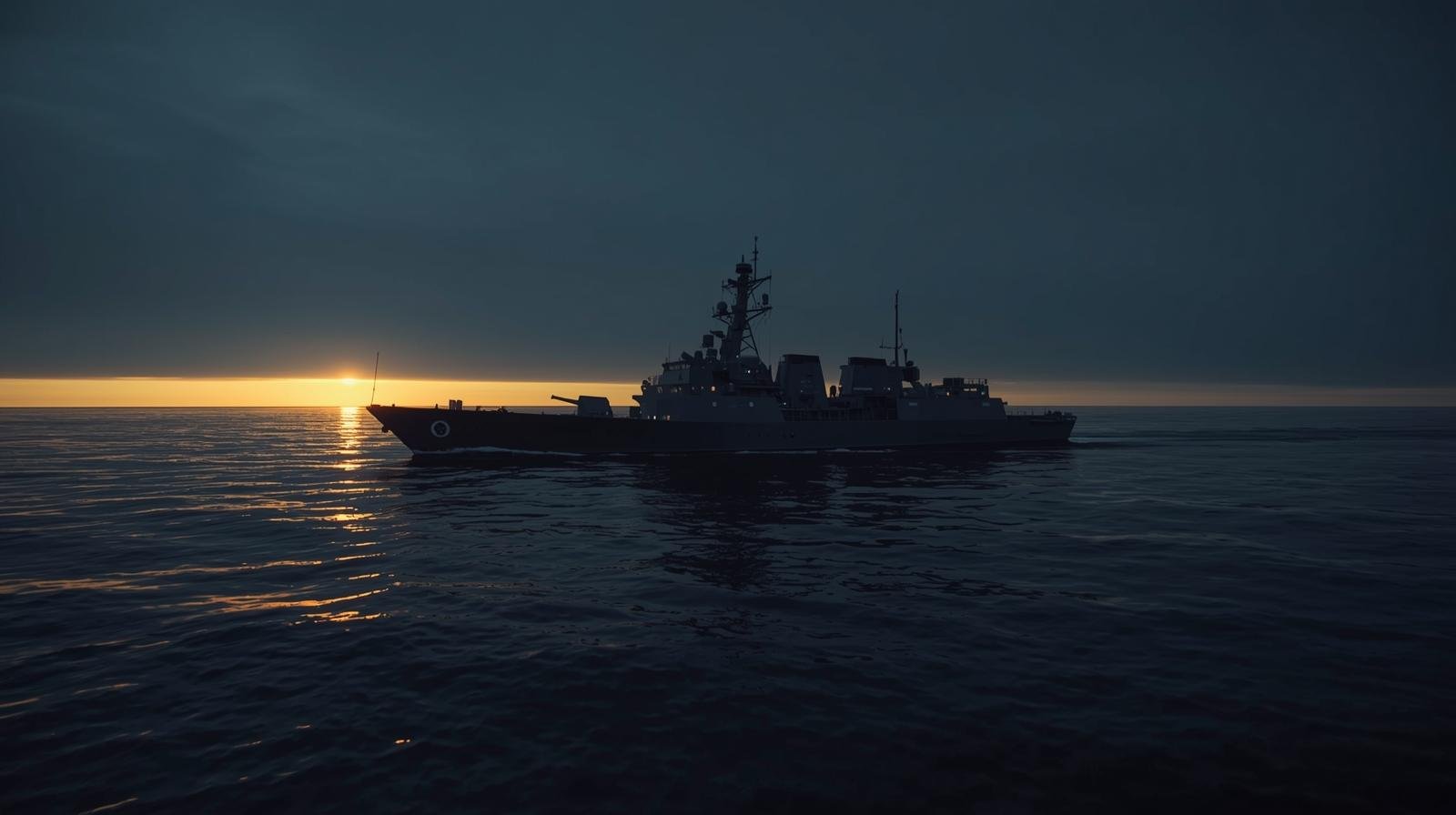 A naval warship patrols calm dark waters at dawn with golden sunlight breaking along the horizon under heavy overcast skies.