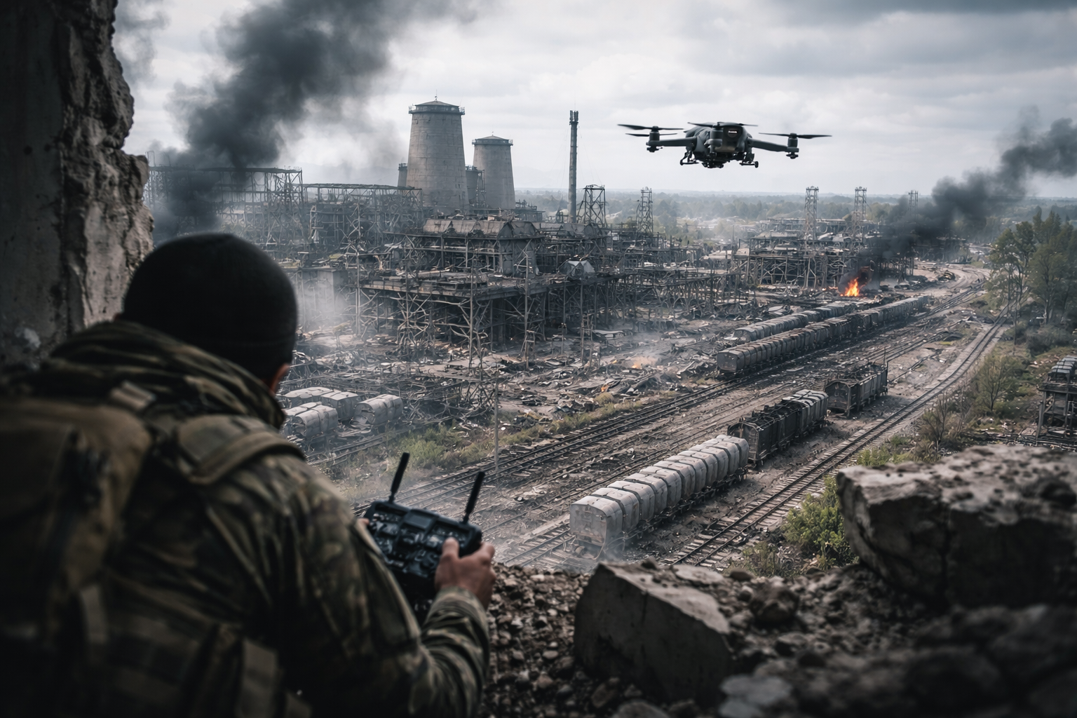 Operator controlling a reconnaissance drone overlooking damaged rail and industrial infrastructure in a modern guerrilla warfare environment.