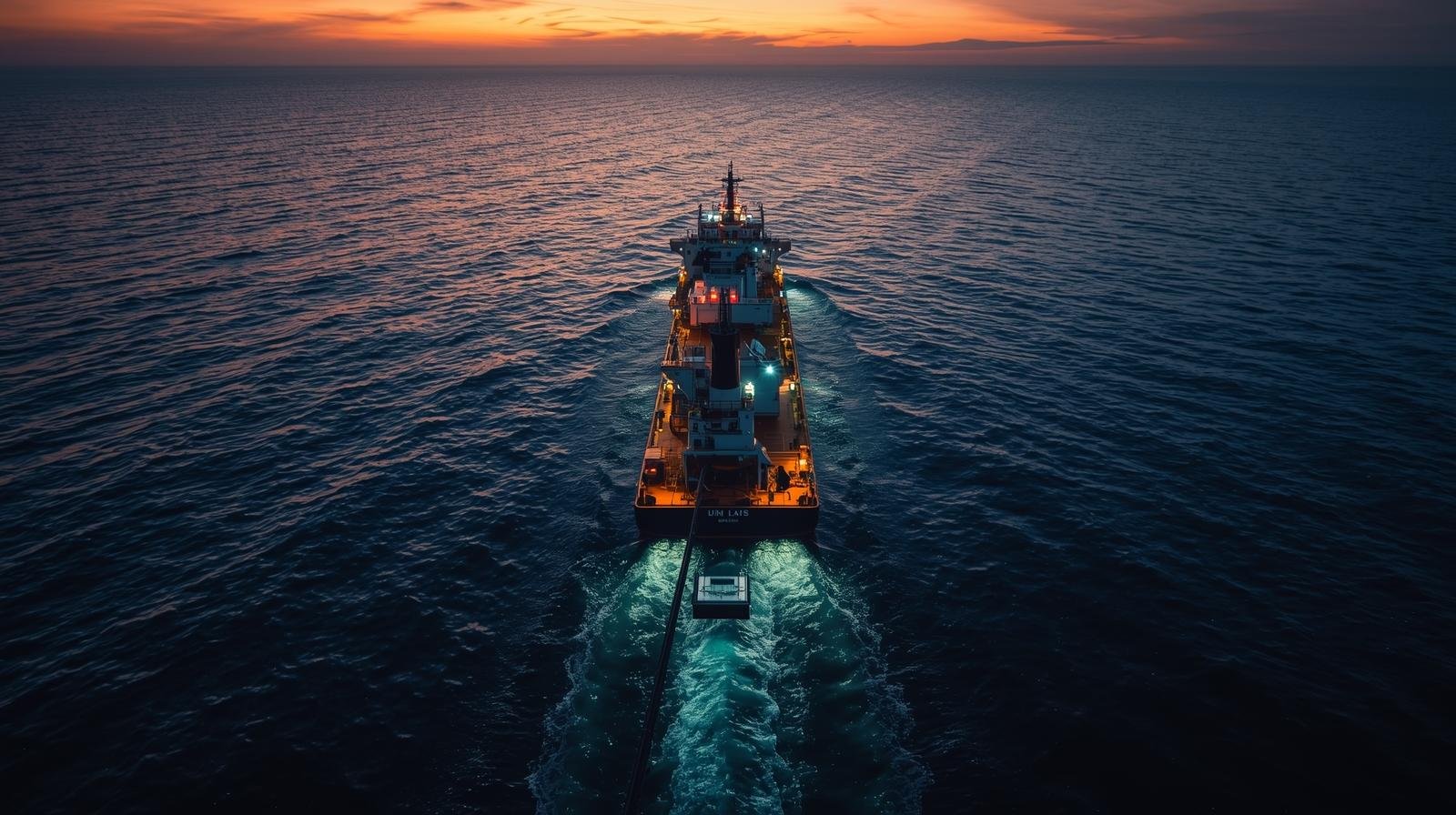 Aerial view of a naval cable laying ship cutting through dark ocean waters at sunset with a warm orange sky on the horizon.