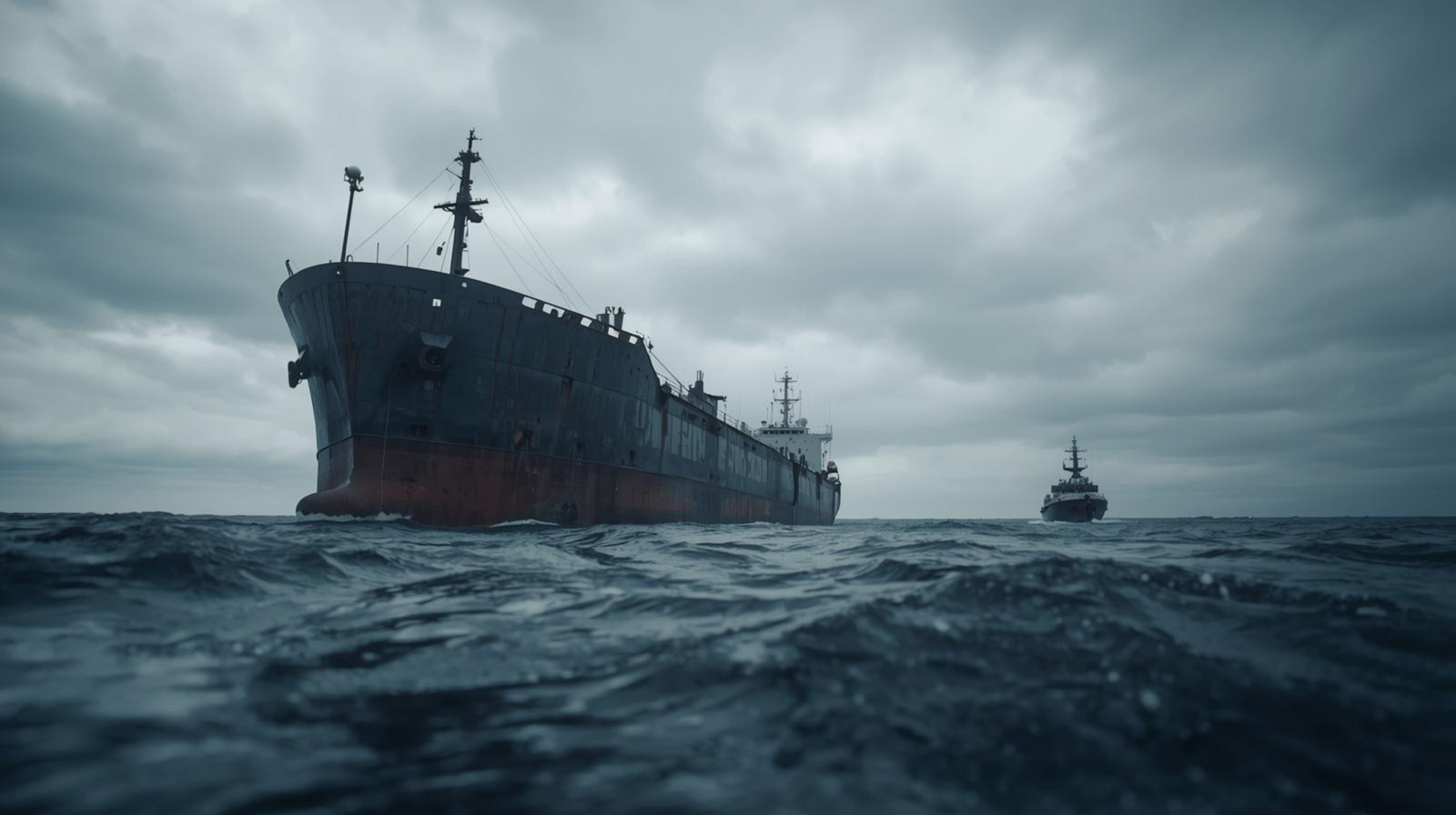 A weathered cargo tanker with a rusted hull is approached by a military patrol vessel in rough grey Baltic Sea waters under heavy overcast skies.
