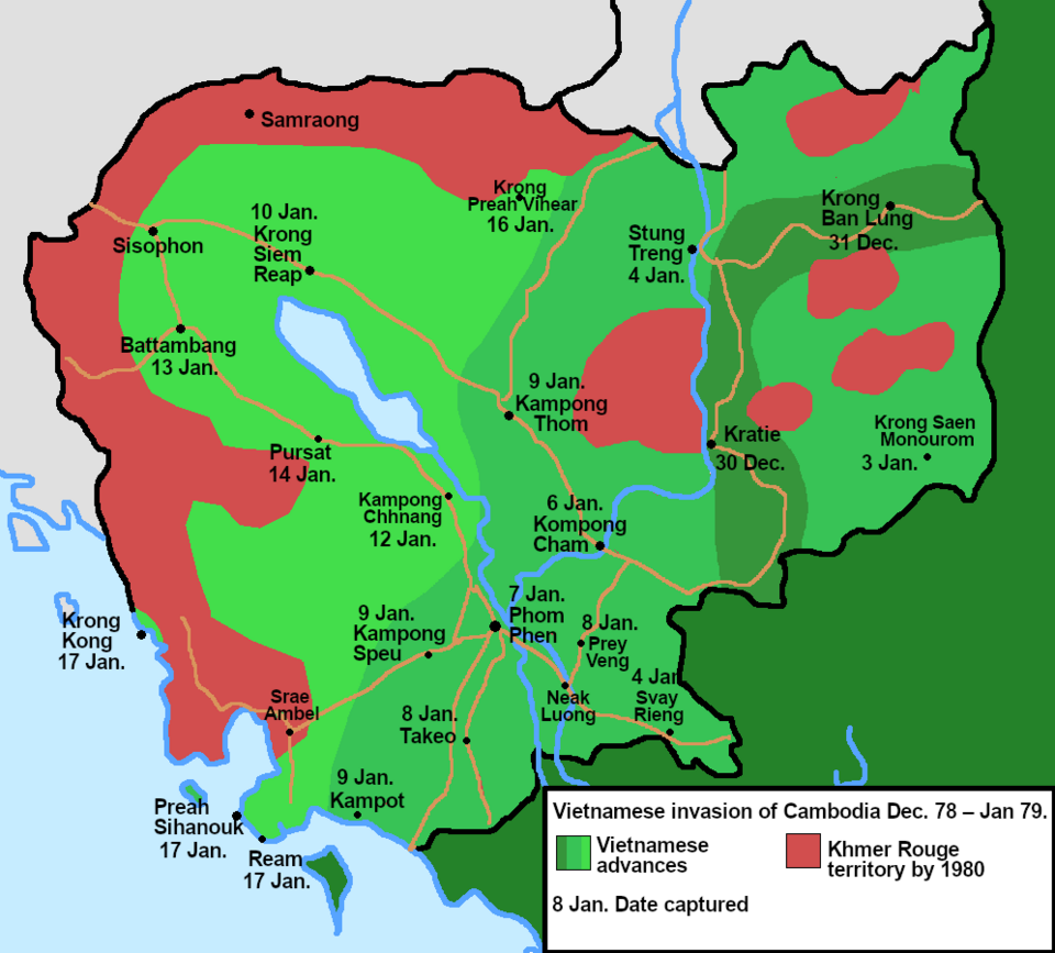 Map showing Vietnamese advance routes and Khmer Rouge territorial control during the 1978–1979 Vietnamese invasion of Cambodia.