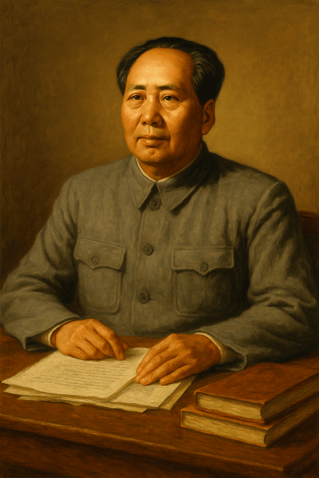 Classic oil painting of Mao Zedong in a grey Zhongshan suit, seated at a wooden desk with books and papers, depicted in a warm, mid-20th-century style.