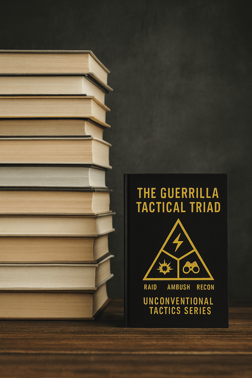Photorealistic image of a stack of hardcover books about one foot high next to the black-and-yellow cover of “The Guerrilla Tactical Triad,” set on a wooden surface against a dark background.