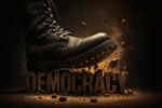 Large black combat boot stomping on the word “DEMOCRACY” carved in stone, with debris and dust dramatically flying into the air against a dark background.
