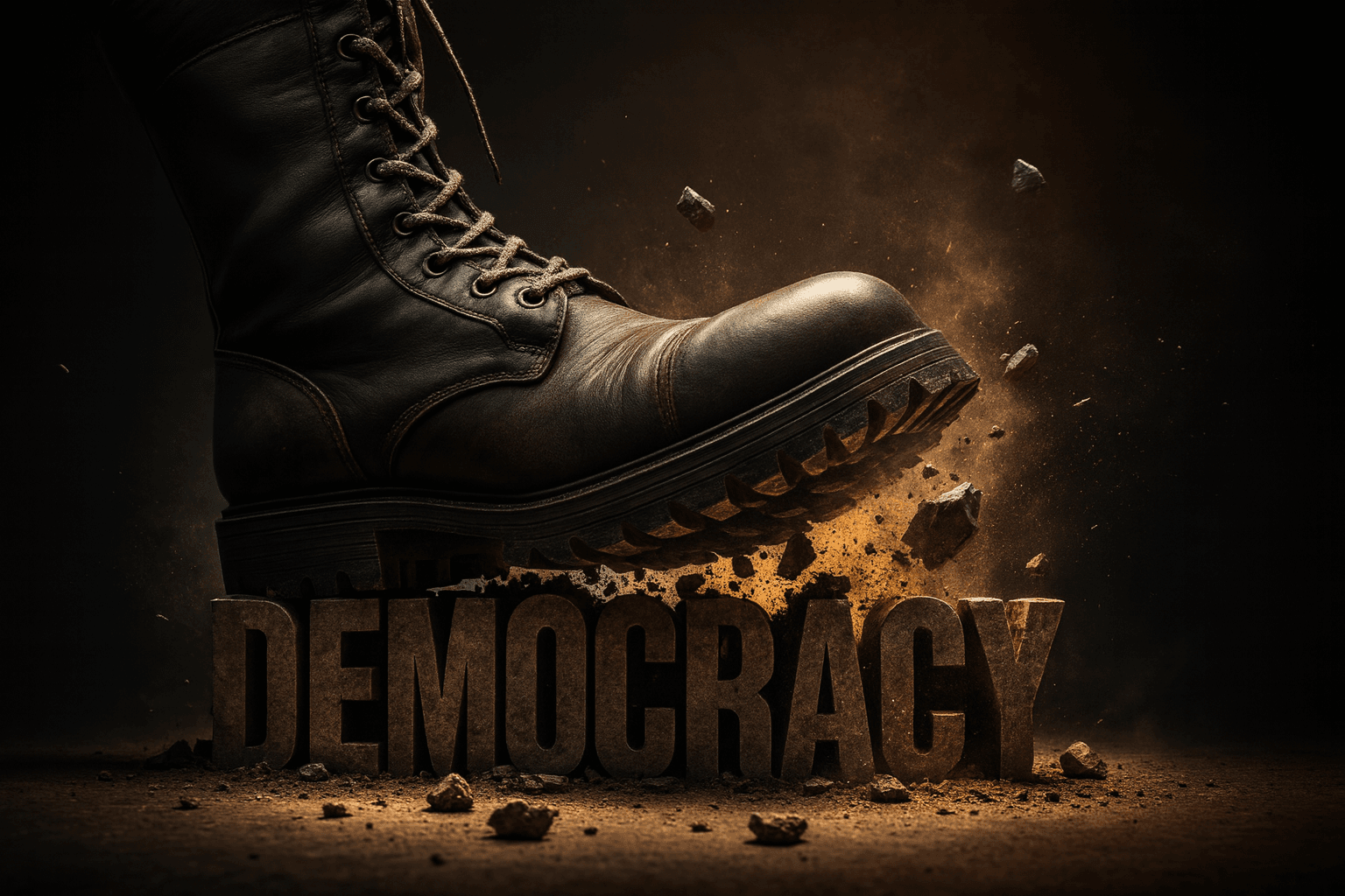 Large black combat boot stomping on the word “DEMOCRACY” carved in stone, with debris and dust dramatically flying into the air against a dark background.