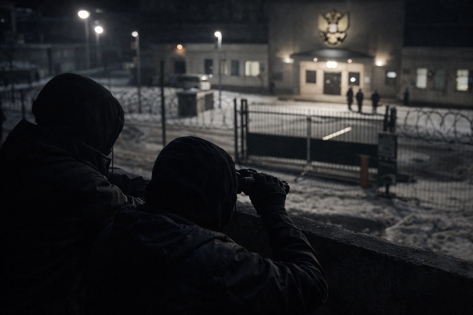 Two unidentified individuals conducting nighttime surveillance of a secured government or industrial facility, representing covert reconnaissance activity associated with sabotage operations inside Russia.