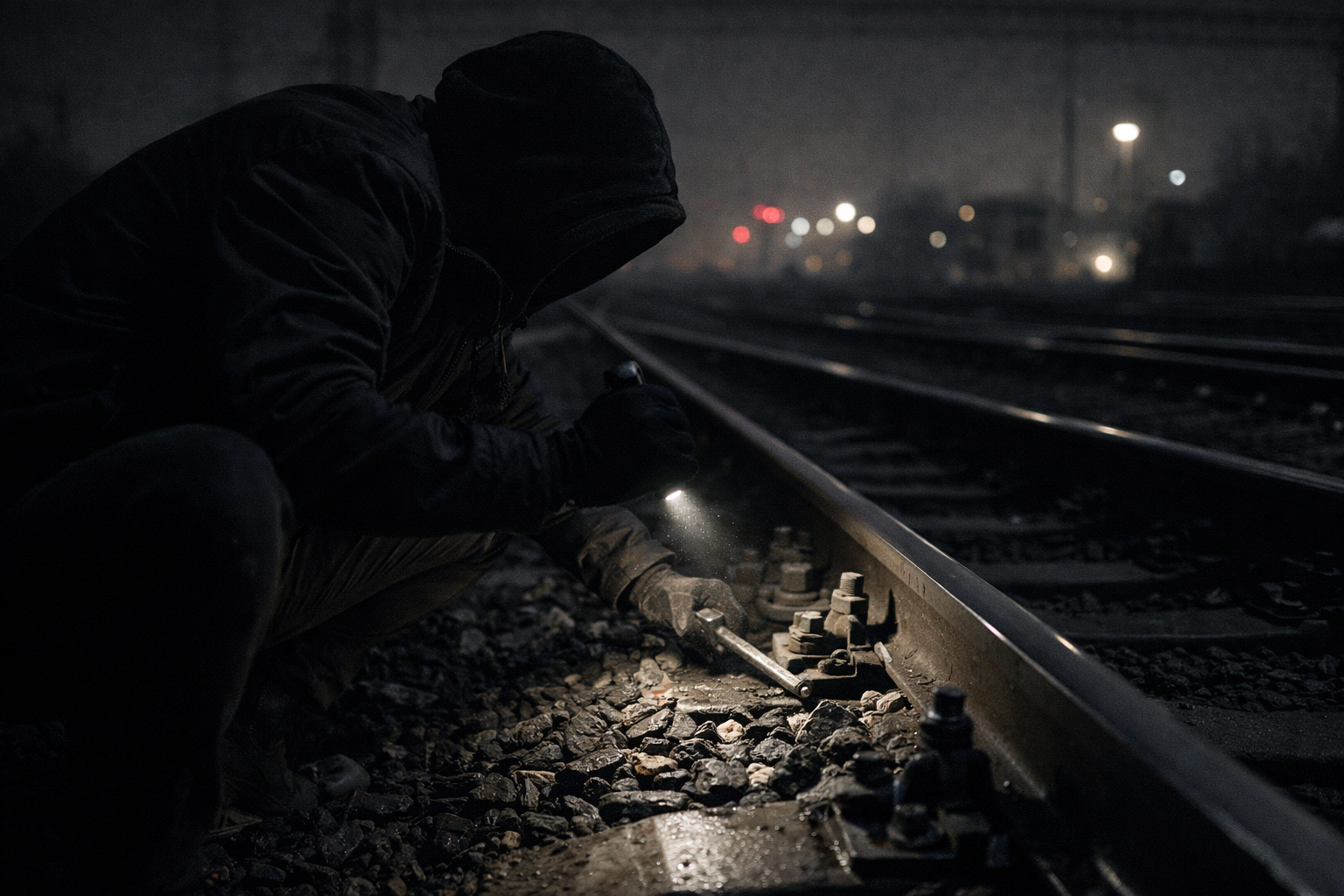 Anonymous individual working beside railway tracks at night using hand tools under low light, representing clandestine rail infrastructure sabotage activity inside Russia.