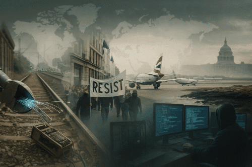 Landscape composite image showing multiple forms of irregular warfare and sabotage including fiber cuts, train disruption, protests, airport shutdowns, oil spills, and cyber operations.