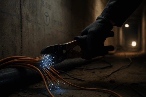 Gloved hand cutting glowing fiber optic cables inside an underground telecom tunnel, representing sabotage of French infrastructure.