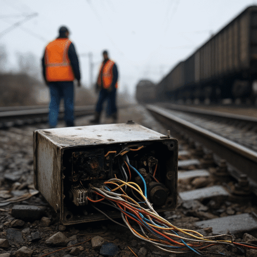 Damaged railway signaling relay cabinet with exposed wires in Crimea, representing sabotage of Russian supply lines.