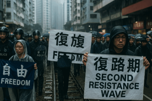 Protesters in Hong Kong holding bilingual banners with riot police in the background, opposing the new anti-subversion law.