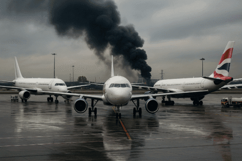 Grounded aircraft at Heathrow Airport with smoke rising from a substation fire in the distance.