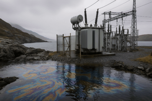 Industrial transformer station near rocky Norwegian coast with visible oil slick in the water, suspected sabotage scene.