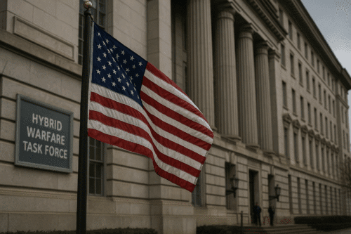 U.S. government building in Washington, D.C., with American flag and blurred sign referencing hybrid warfare task force.