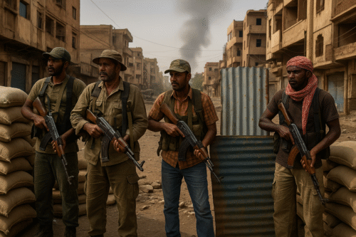Sudanese civilian volunteers at a street checkpoint in Khartoum with makeshift barricades and rifles.