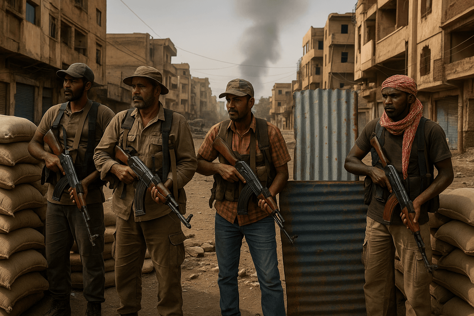 Sudanese civilian volunteers at a street checkpoint in Khartoum with makeshift barricades and rifles.